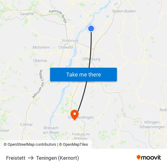 Freistett to Teningen (Kernort) map