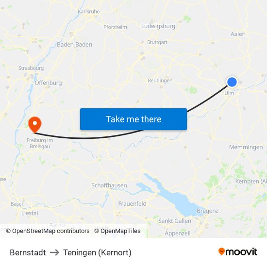 Bernstadt to Teningen (Kernort) map