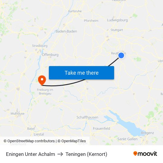 Eningen Unter Achalm to Teningen (Kernort) map