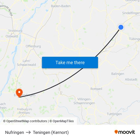 Nufringen to Teningen (Kernort) map