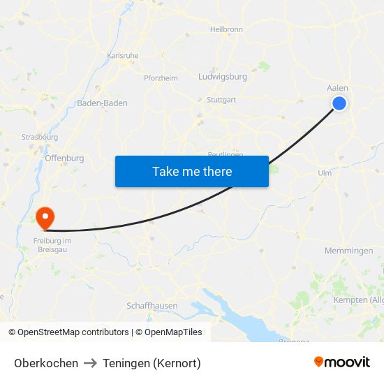 Oberkochen to Teningen (Kernort) map