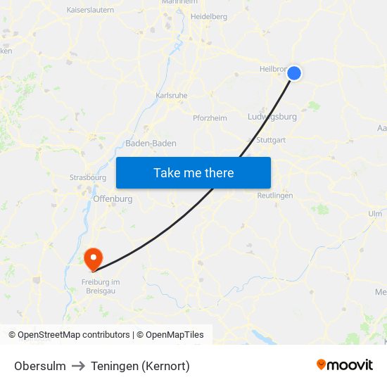 Obersulm to Teningen (Kernort) map