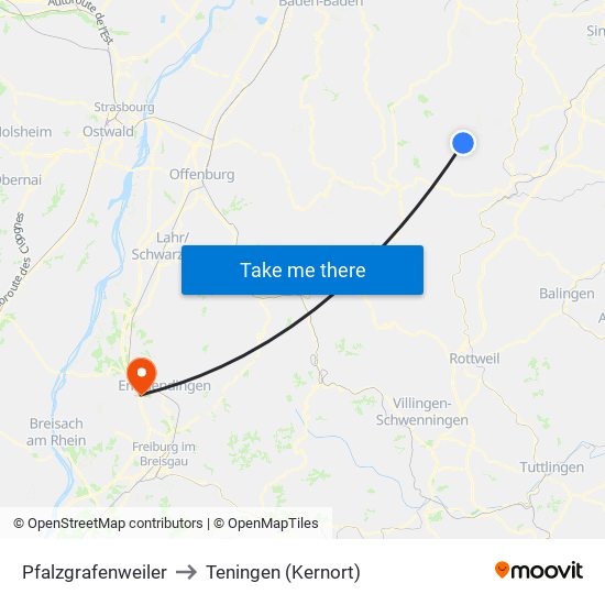 Pfalzgrafenweiler to Teningen (Kernort) map