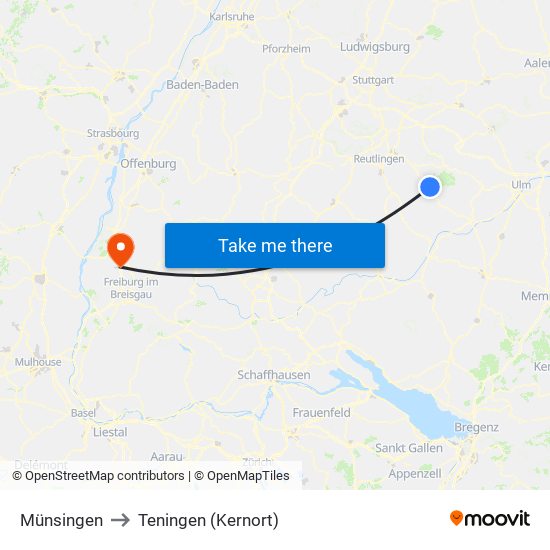 Münsingen to Teningen (Kernort) map