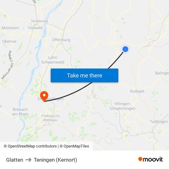 Glatten to Teningen (Kernort) map