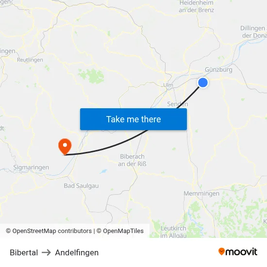 Bibertal to Andelfingen map