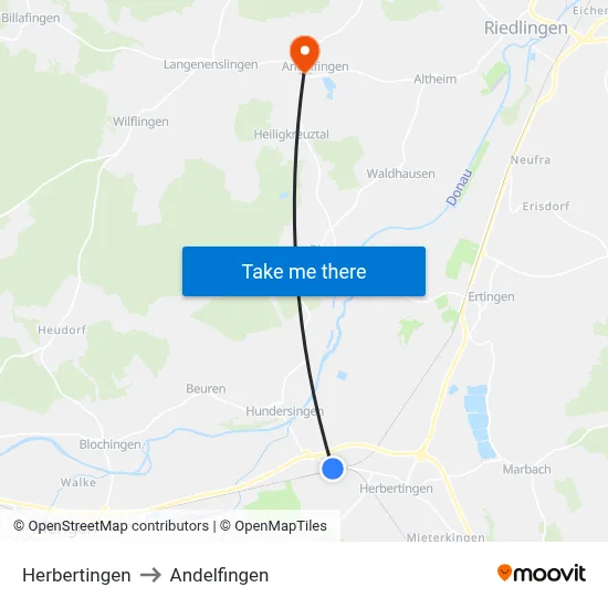 Herbertingen to Andelfingen map