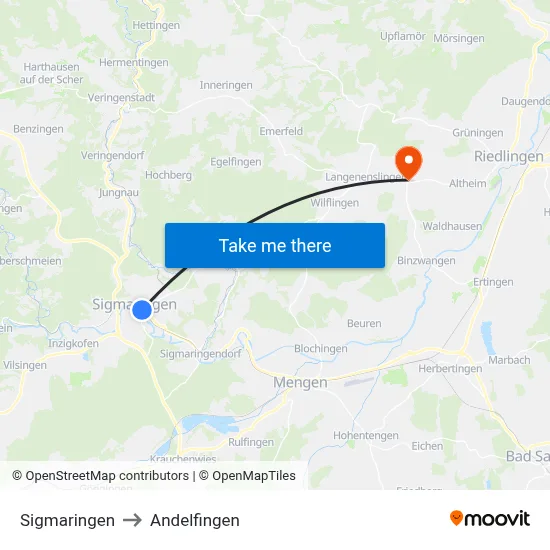 Sigmaringen to Andelfingen map