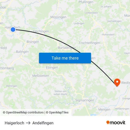 Haigerloch to Andelfingen map