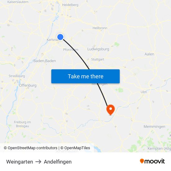 Weingarten to Andelfingen map