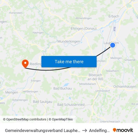 Gemeindeverwaltungsverband Laupheim to Andelfingen map