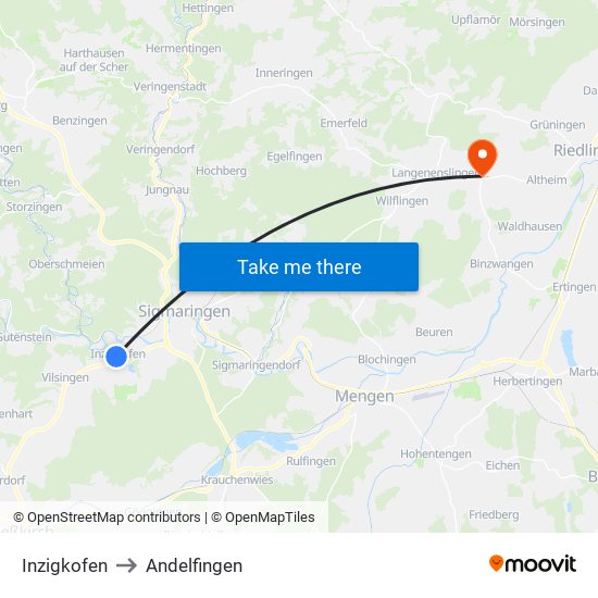 Inzigkofen to Andelfingen map