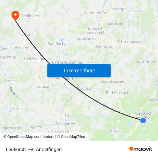 Leutkirch to Andelfingen map
