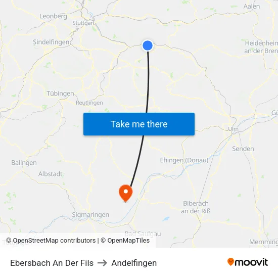 Ebersbach An Der Fils to Andelfingen map
