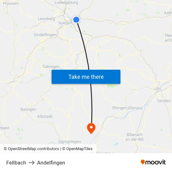 Fellbach to Andelfingen map
