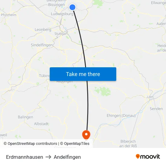 Erdmannhausen to Andelfingen map
