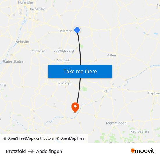 Bretzfeld to Andelfingen map