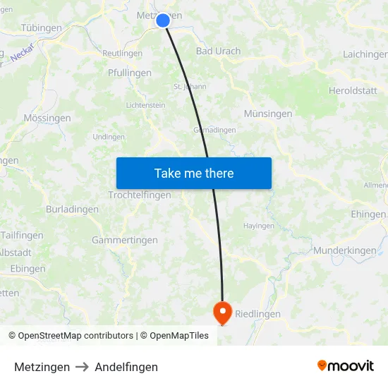 Metzingen to Andelfingen map