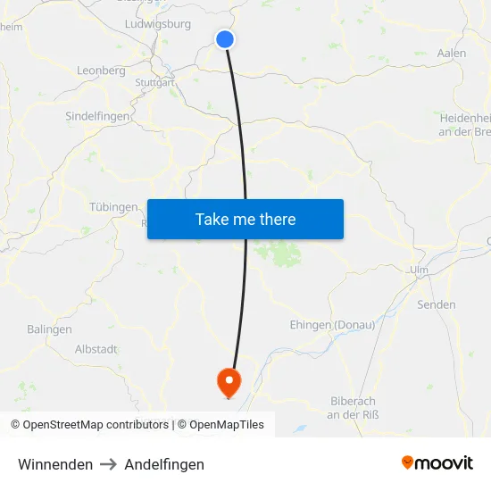 Winnenden to Andelfingen map
