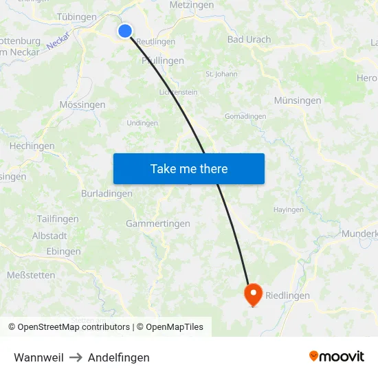 Wannweil to Andelfingen map
