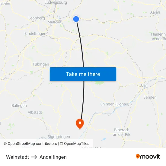 Weinstadt to Andelfingen map