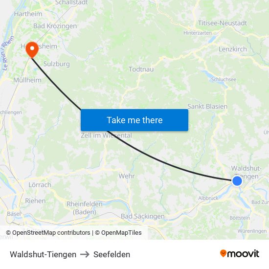 Waldshut-Tiengen to Seefelden map