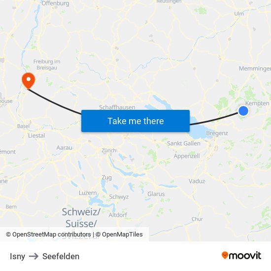 Isny to Seefelden map