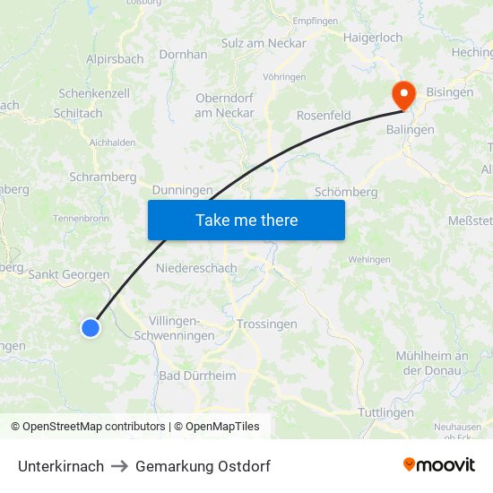 Unterkirnach to Gemarkung Ostdorf map