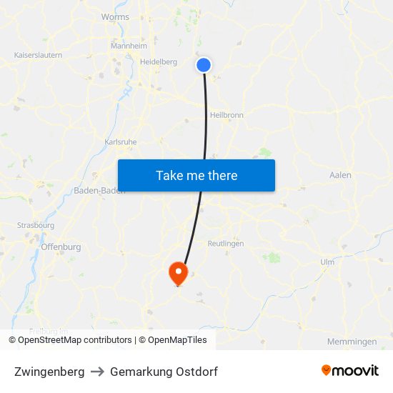Zwingenberg to Gemarkung Ostdorf map