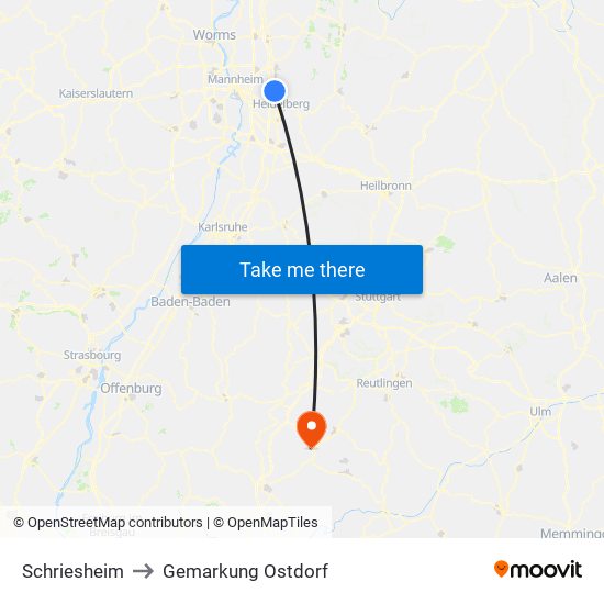 Schriesheim to Gemarkung Ostdorf map