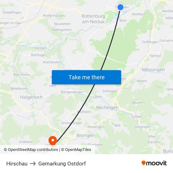 Hirschau to Gemarkung Ostdorf map