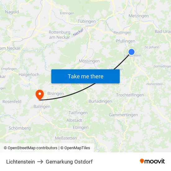 Lichtenstein to Gemarkung Ostdorf map