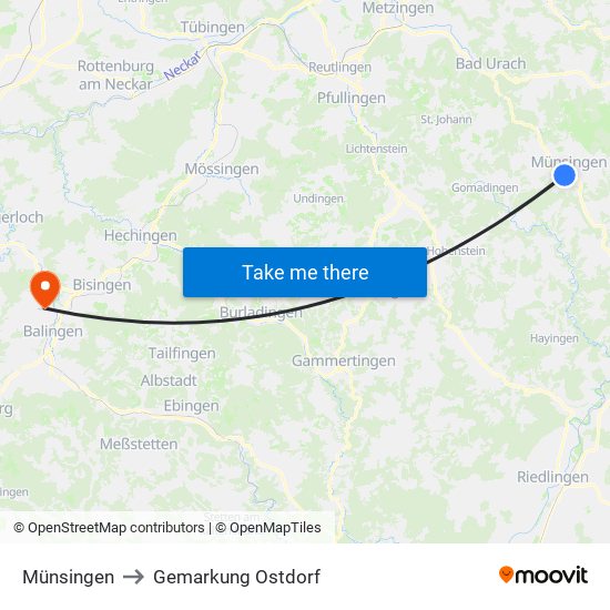 Münsingen to Gemarkung Ostdorf map