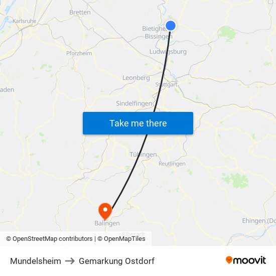 Mundelsheim to Gemarkung Ostdorf map