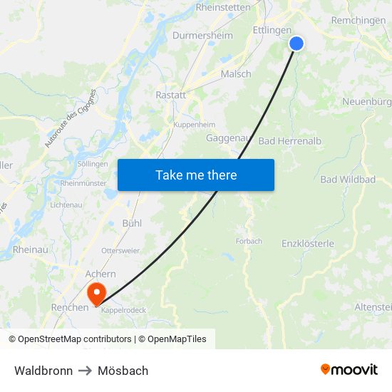 Waldbronn to Mösbach map