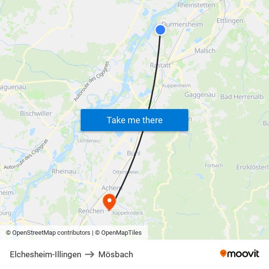 Elchesheim-Illingen to Mösbach map