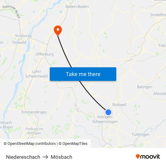 Niedereschach to Mösbach map