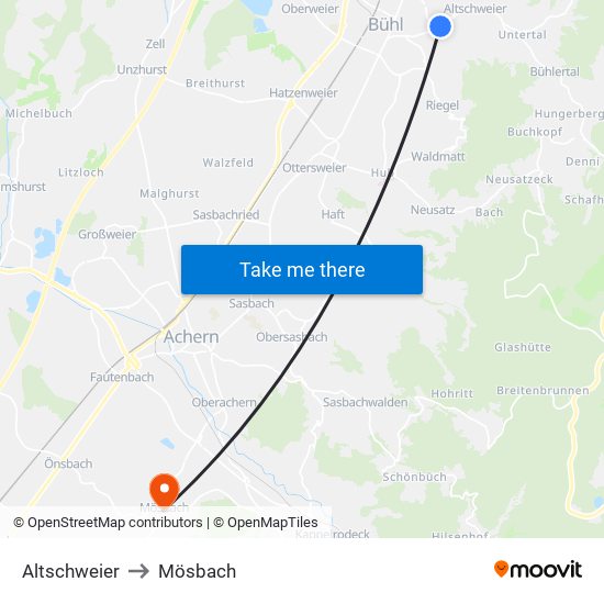 Altschweier to Mösbach map