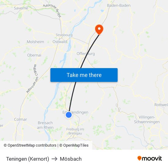 Teningen (Kernort) to Mösbach map