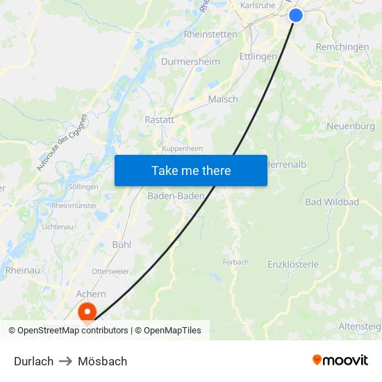 Durlach to Mösbach map