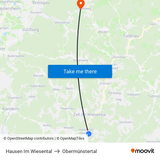 Hausen Im Wiesental to Obermünstertal map