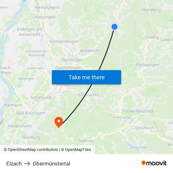 Elzach to Obermünstertal map