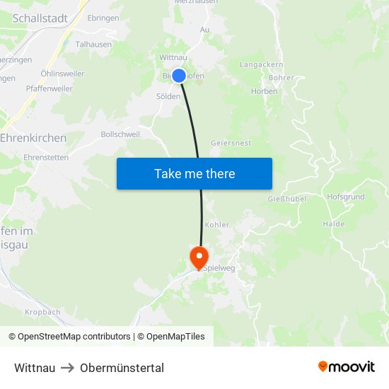 Wittnau to Obermünstertal map