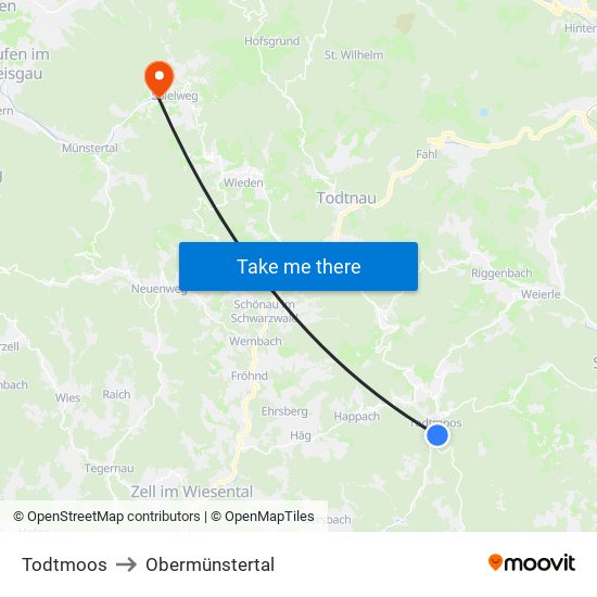 Todtmoos to Obermünstertal map