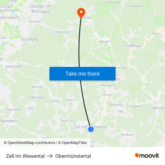 Zell Im Wiesental to Obermünstertal map