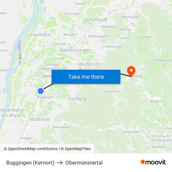 Buggingen (Kernort) to Obermünstertal map