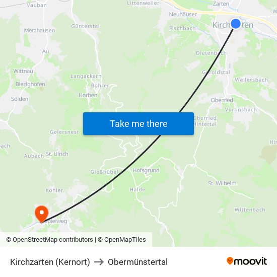 Kirchzarten (Kernort) to Obermünstertal map