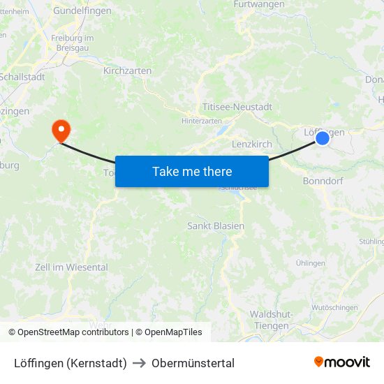 Löffingen (Kernstadt) to Obermünstertal map