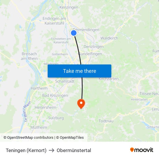 Teningen (Kernort) to Obermünstertal map