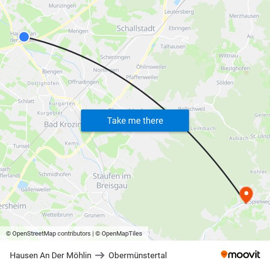 Hausen An Der Möhlin to Obermünstertal map